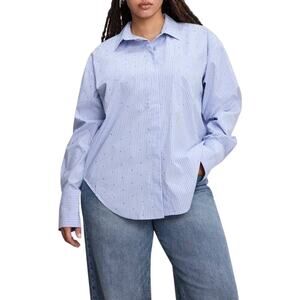 Good American Rhinestone Pinstripe Shirt L, Oversized Button Down Shirt